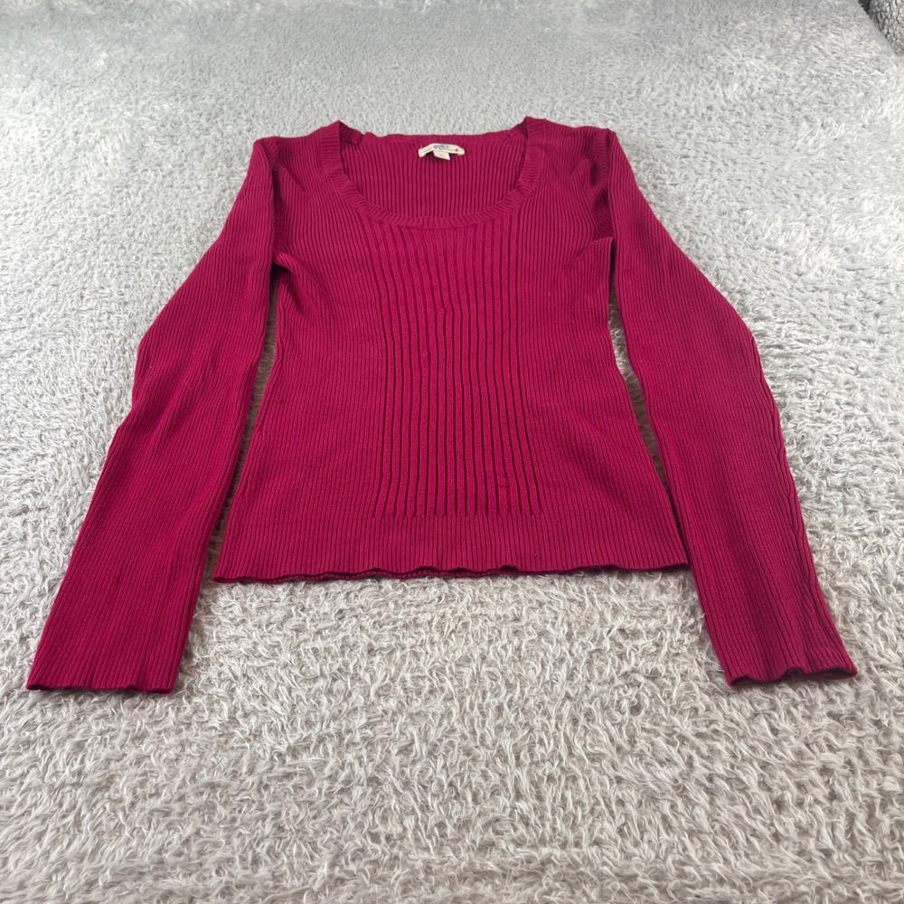 SO Declare It Womens Ribbed Knit Long Sleeve Scoop Neck Top Magenta Size L